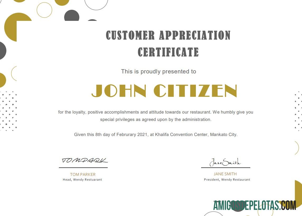 Realista modelo de certificado de apreciação do cliente nos EUA em formato Word e PDF